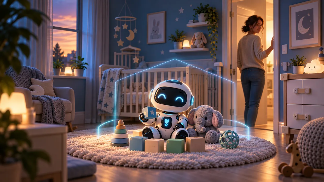 A small AI robot playing with blocks on a nursery rug, a lit guardrail outline drawn around the play area, and a parent watching from the doorway.